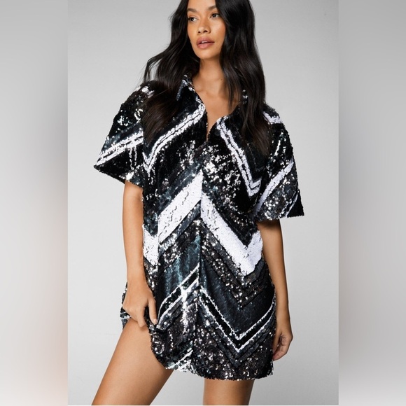 NWT Nasty Gal Sequin Zig Zag Placement Shirt Dress Size 8 - Picture 1 of 4